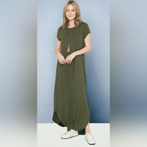 Army Green Maxi Dress, Short Sleeve, Round neckline, Side slit, Women's size 2x
